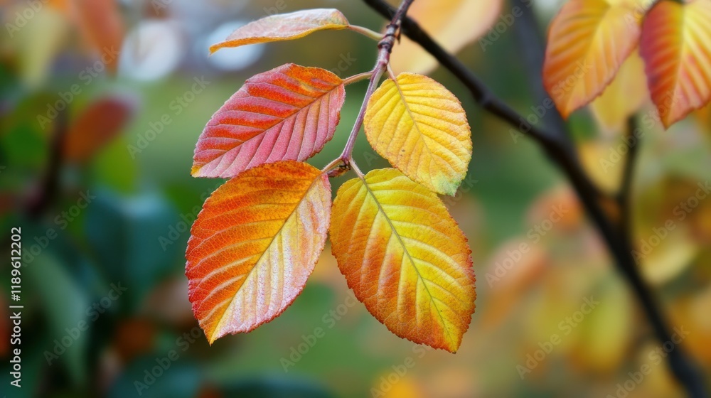 Vibrant autumn leaves in orange, red, and yellow hues on a branch. Vibrant autumn leaves in orange, red, and yellow hues on a branch.