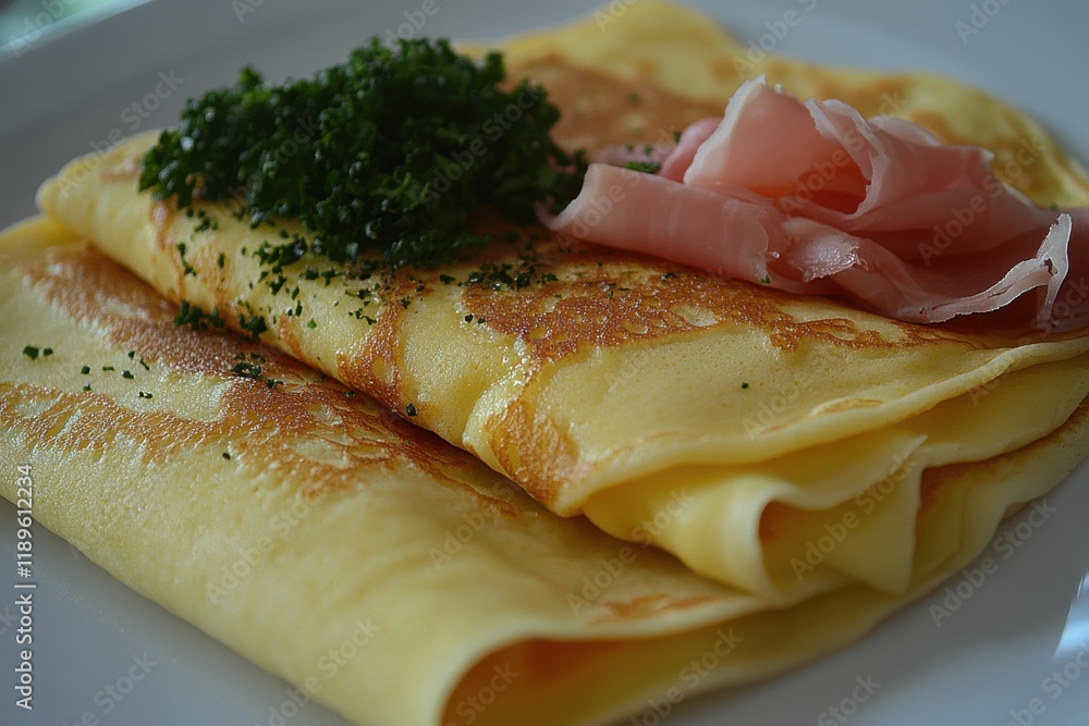 Delicious crepes with herbs and ham. A simple yet elegant breakfast or brunch dish. Delicious crepes with herbs and ham. A simple yet elegant breakfast or brunch dish.