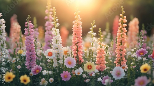 Colorful garden path illuminated by sunlight with blooming flowers in late af...