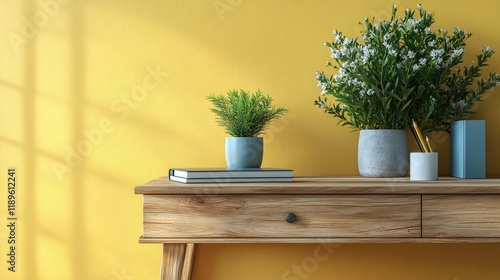 Stylish home decor featuring green plants and books on wooden shelf against t...