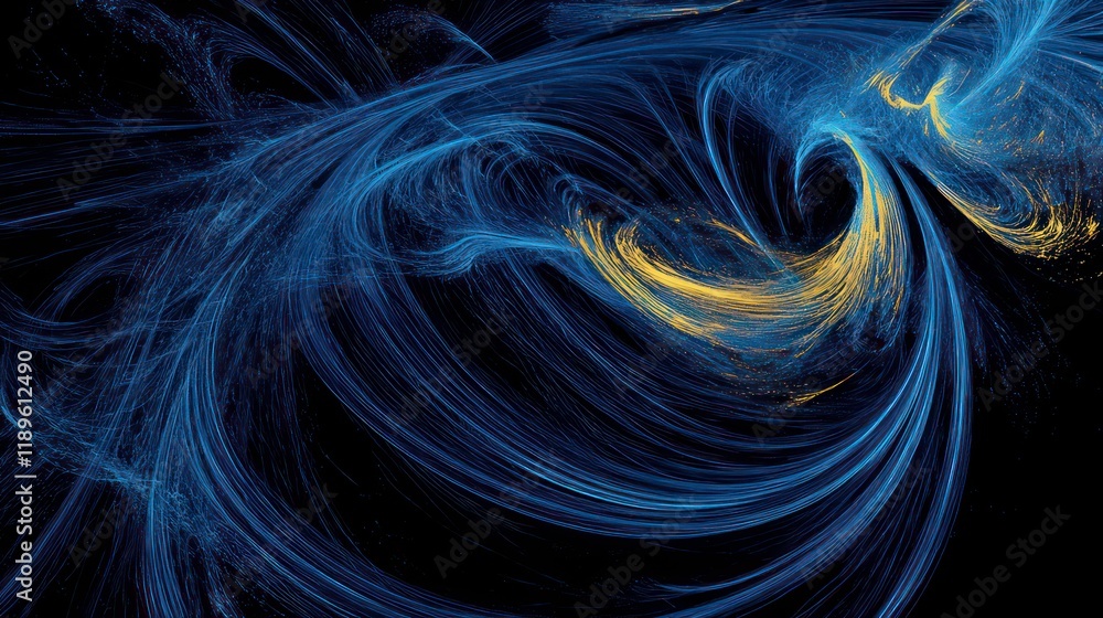 Fototapeta premium Abstract swirling blue and gold fractal art on black background.