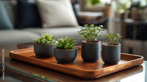 Indoor plant arrangement on wooden tray with succulents and greenery in moder...