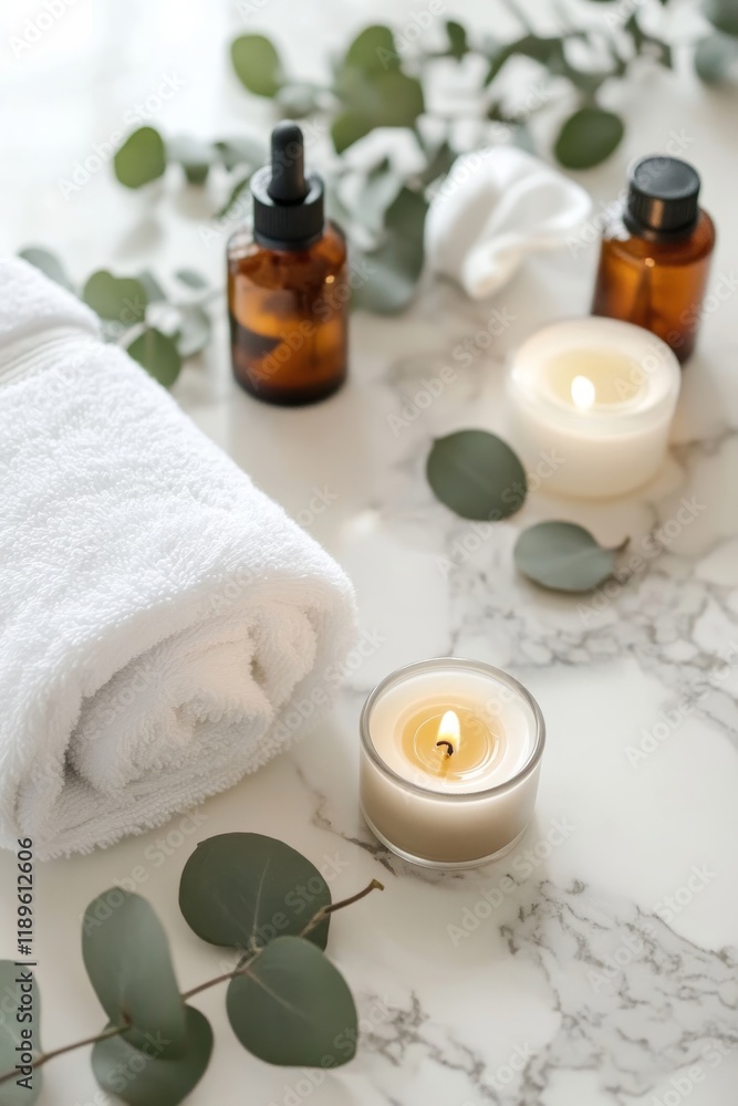 Spa essentials: candles, essential oil bottles, and a towel on a marble surface with eucalyptus leaves Spa essentials: candles, essential oil bottles, and a towel on a marble surface with eucalyptus leaves