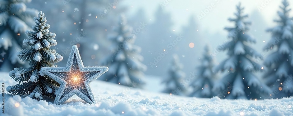Snow-covered pines in a frosty winter landscape with a large silver asterisk, winter decor, festive elements, silver ornaments Snow-covered pines in a frosty winter landscape with a large silver asterisk, winter decor, festive elements, silver ornaments