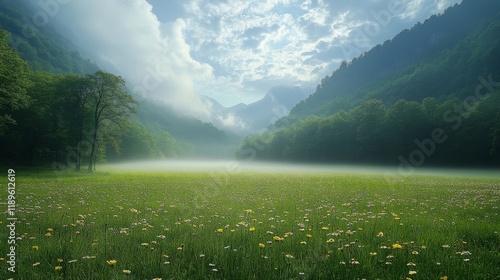 Serene sunrise over a misty valley with golden grass and tall trees in the mo...
