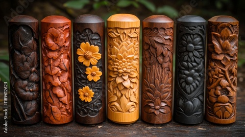 Handcrafted wooden sticks with intricate floral designs showcase traditional ...