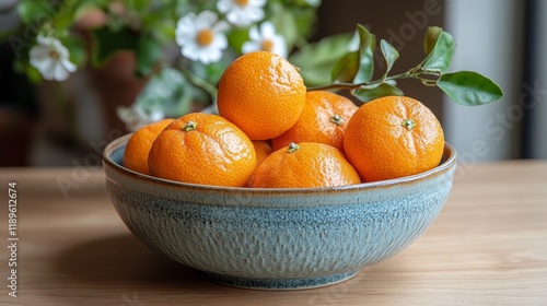 Fresh oranges arranged in a speckled bowl on a wooden surface for a vibrant d...