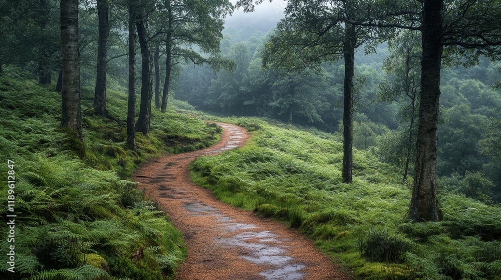 Winding path through a serene forest in early morning light Winding path through a serene forest in early morning light
