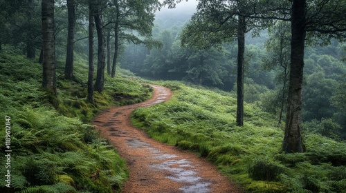 Winding path through a serene forest in early morning light