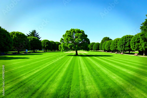 A vibrant green soccer field, detailed with lush grass, precise lines, and depth of field.  Mood: energetic, dynamic. Lighting: bright, sunny. Atmosphere: clear, crisp. Style: photorealistic, high qua photo