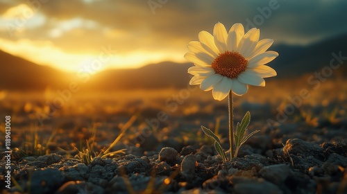 Bright sunflower blooming through cracked soil during sunset in a serene land...