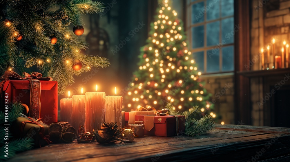 christmas tree and burning candles. christmas tree and gift boxes on wooden table christmas tree and burning candles. christmas tree and gift boxes on wooden table