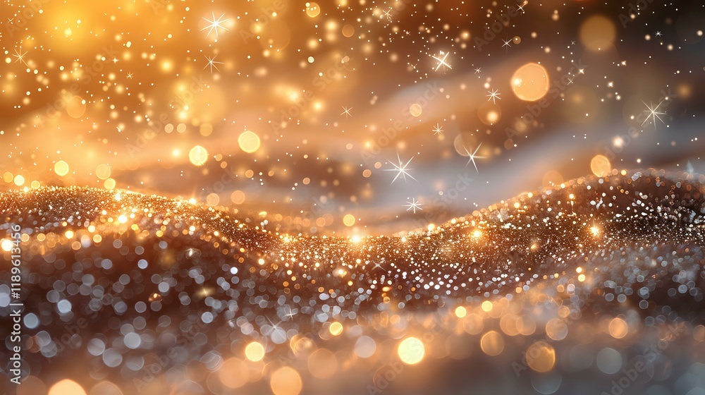 Magical golden glitter wave with sparkling bokeh lights and stardust on dark background, perfect for festive holiday designs and luxury backgrounds. Magical golden glitter wave with sparkling bokeh lights and stardust on dark background, perfect for festive holiday designs and luxury backgrounds.