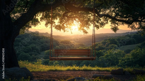 Relaxing swing under a tree during sunset with a view of rolling hills in the...
