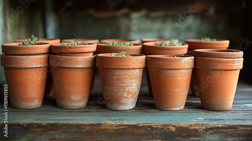 Potted herbs in clay pots arranged on a rustic wooden table in a cozy indoor ...