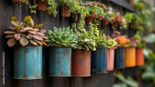 Colorful succulents in rustic hanging pots against a dark background during d...