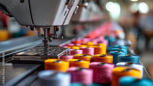 Golden thread on a vibrant fabric under a sewing machine during a crafting se...