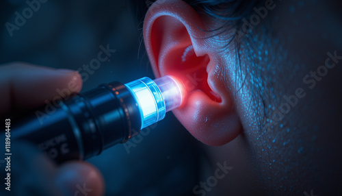 Close-up of a patient's ear during an otolaryngology examination for health analysis. Ear health photo