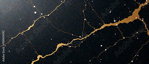 Panel kuchenny z motywem a marble granite white surface with a gold texture, against a black patterned background.  The background should have an abstract, light, elegant, grey floor/ceramic counter texture, and stone slab sm