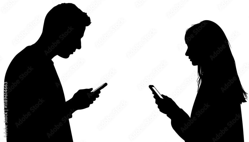 Vector icon silhouette of two people engrossed in smartphones, symbolizing technological disconnection