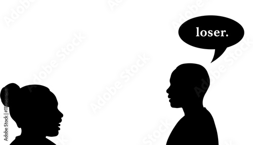 Vector icon silhouette of two people with a speech bubble saying "loser," symbolizing verbal abuse and bullying.
