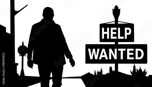 Vector icon silhouette of a person under a "Help Wanted" sign, symbolizing unemployment and desperation.
