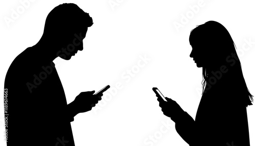 Vector icon silhouette of two people engrossed in smartphones, symbolizing technological disconnection