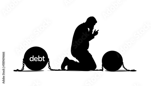 Vector icon silhouette of a person kneeling under a ball labeled "Debt," symbolizing financial struggle.