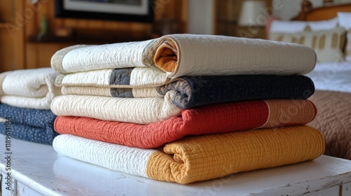 Cozy knitted blanket draped on a white wooden table with flowers in a vase ne...
