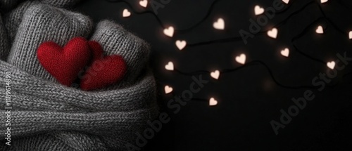 Close-up of a pair of gray knitted mittens with two red hearts on top. the mittens are folded neatly and appear to be made of a soft, warm material. photo