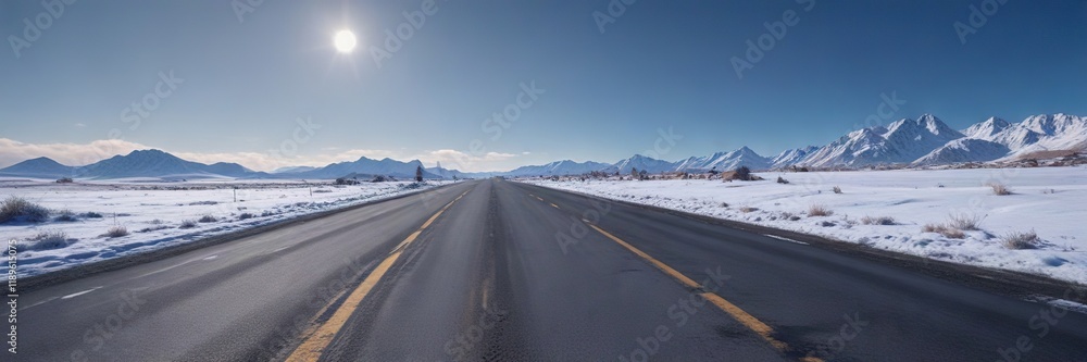 Naklejka premium Snowy road under a clear blue sky with no clouds, white snow, vast space