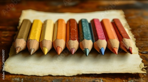 Colorful colored pencils arranged in a line on white paper during daylight hours