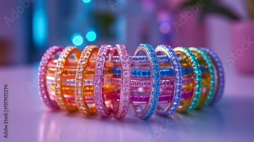 Colorful rings arranged aesthetically on a table showcasing vibrant designs a...