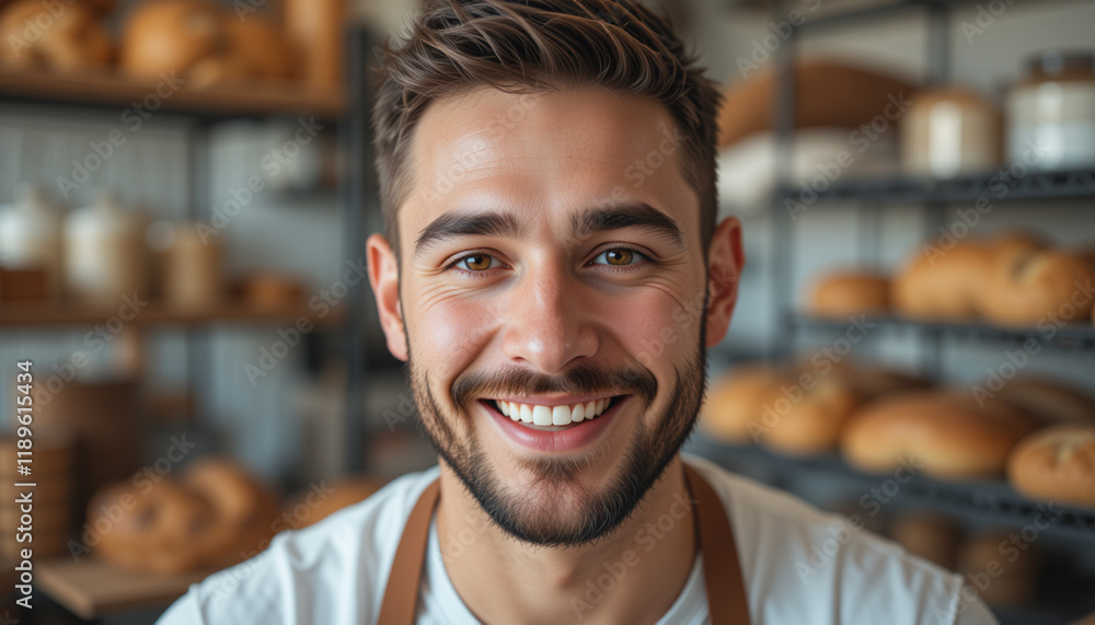 Professional baker smiling in bakery surrounded by fresh bread loaves. Bakers Day Professional baker smiling in bakery surrounded by fresh bread loaves. Bakers Day