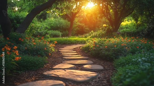 Tranquil garden pathway bordered by lush greenery and vibrant plants during b...