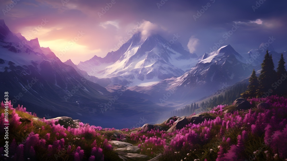 Fototapeta premium Majestic sunrise over snow-capped mountains, wildflowers foreground, peaceful valley