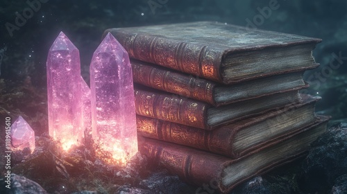 Magical crystals and ancient books create a mystical atmosphere in a serene f...