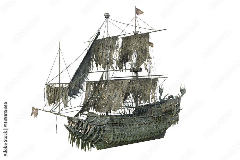Fototapeta premium Old haunted ghost pirate ship with torn sails. Isolated 3D render.