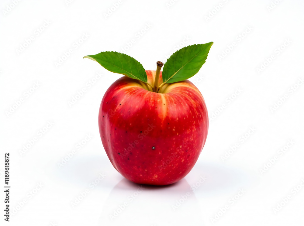 A flat design image of a single fresh apple placed on a crisp white background, with ample space on the right for adding text, featuring sharp, bright colors, professional lighting, and a clean, minim A flat design image of a single fresh apple placed on a crisp white background, with ample space on the right for adding text, featuring sharp, bright colors, professional lighting, and a clean, minim