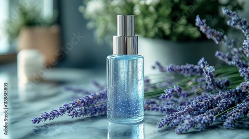 Lavender essential oil bottle surrounded by dried flowers on a soft bokeh bac...