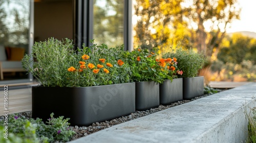 Vibrant garden planters with flowers and herbs in modern outdoor space during...