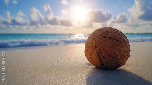 Coconut resting on sandy beach with calm waves under blue sky and fluffy clou...