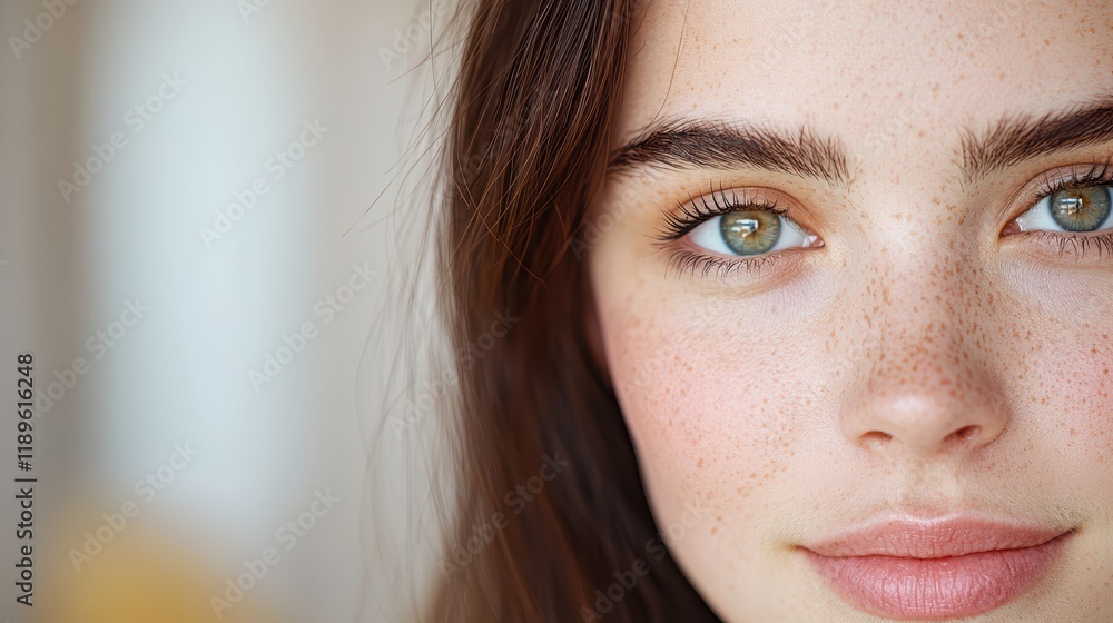 Close-up portrait of a young caucasian female with freckles and green eyes Close-up portrait of a young caucasian female with freckles and green eyes