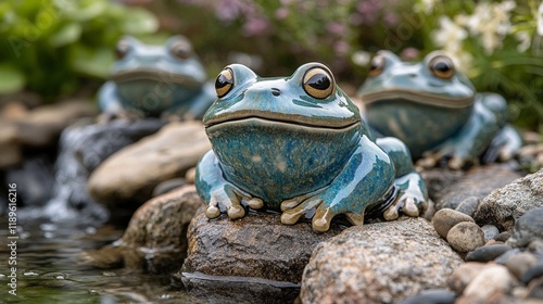 Decorative ceramic frogs resting on rocks near a tranquil garden stream durin...