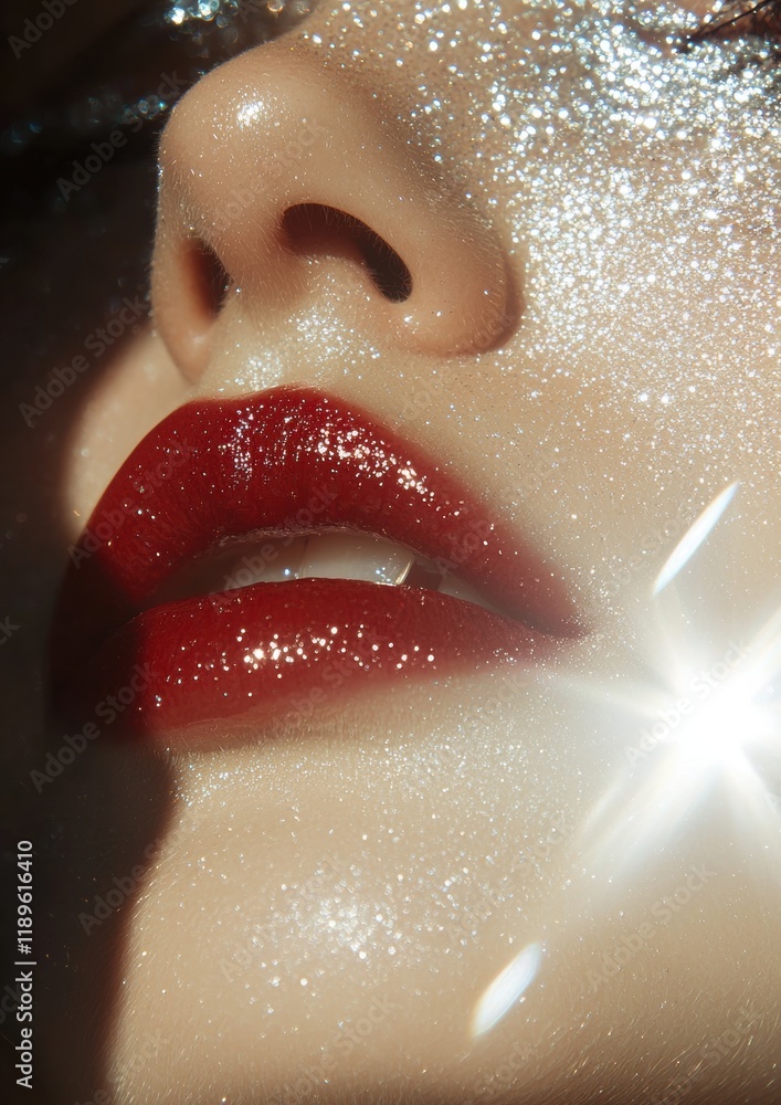 Fototapeta premium Close-up of a woman's face, with her lips slightly parted. the lips are painted with a bold red lipstick, and the skin around her face is covered in a shimmery, glittery substance.