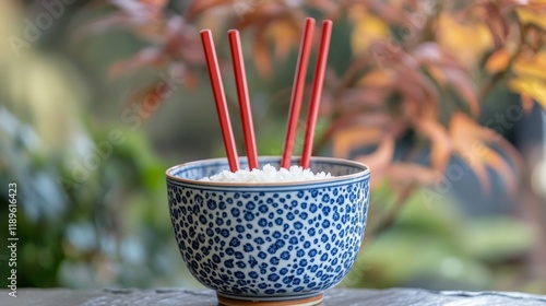 Steaming bowl of rice garnished with herbs and spices on a wooden table