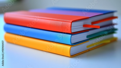 Stacked books with colorful covers resting on a white table in a cozy reading...