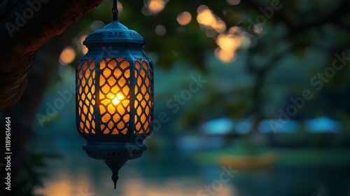 Warm glow of decorative lanterns illuminating a tranquil evening setting outd...