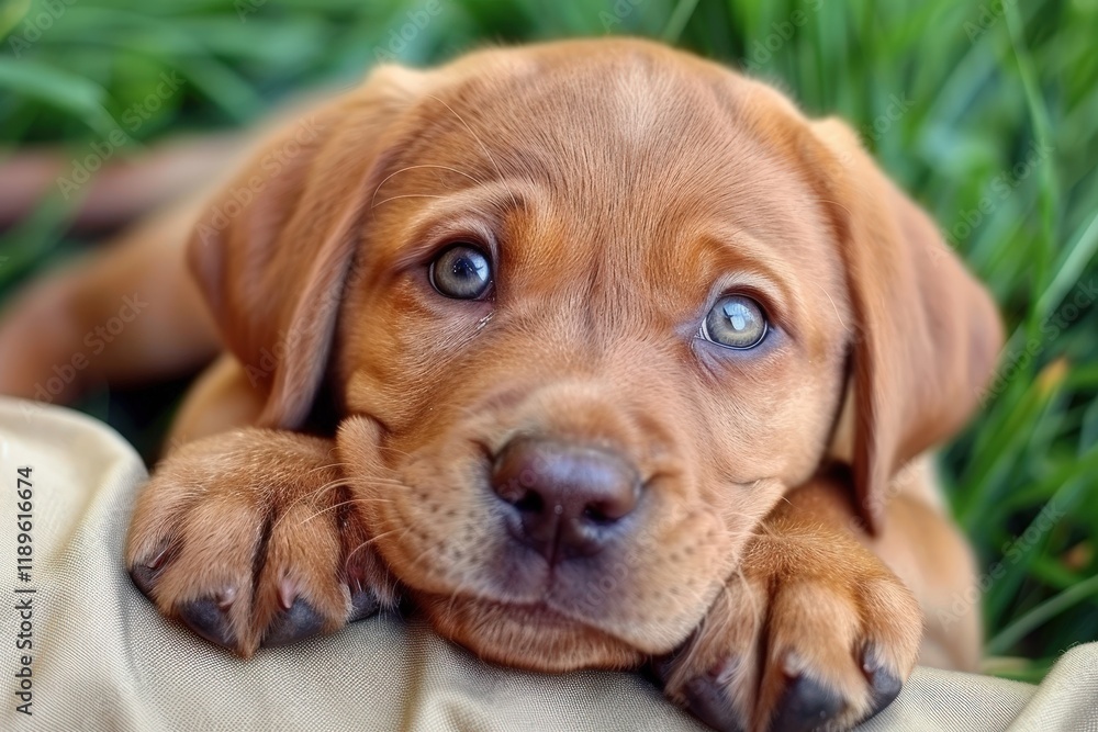 A brown dog with blue eyes is laying on a blanket A brown dog with blue eyes is laying on a blanket