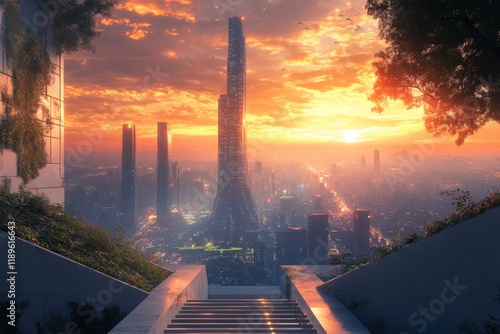 Stairway leading to a futuristic city illuminated by blue lights during twilight